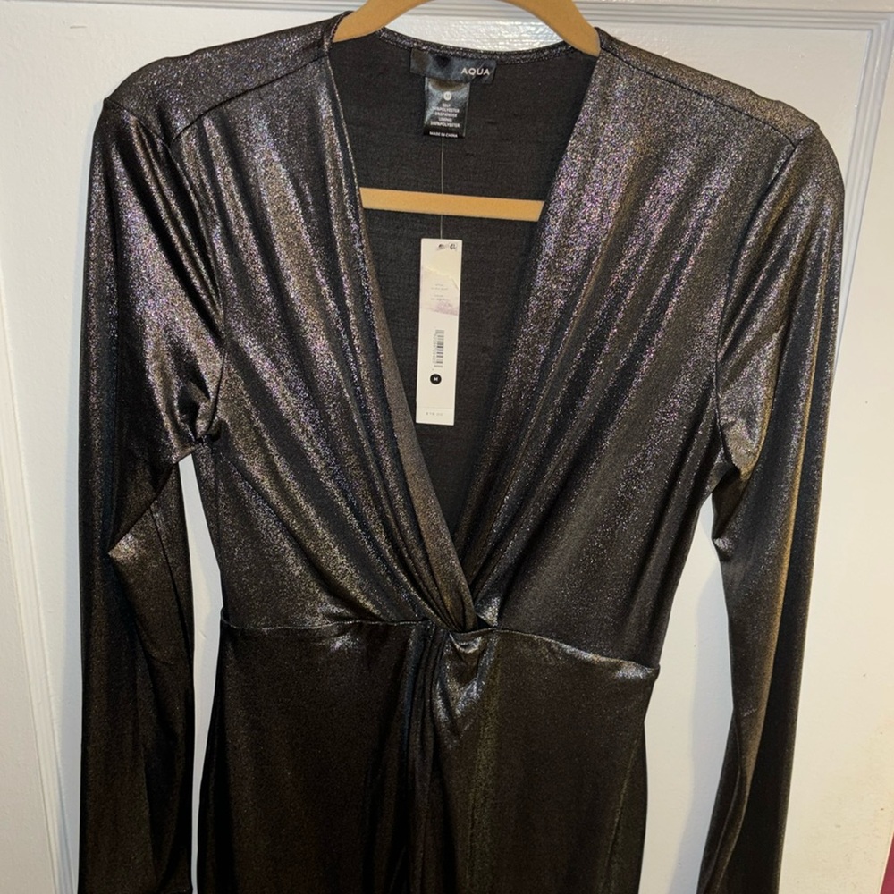 NWT Aqua Silver Metallic Twist Front Party Mini
Dress Medium